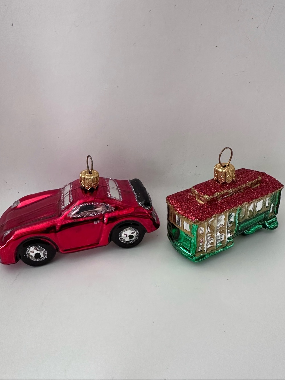 2 HAND BLOWN ornament Poland streetcar Trolly CAR ORIGINAL BOX